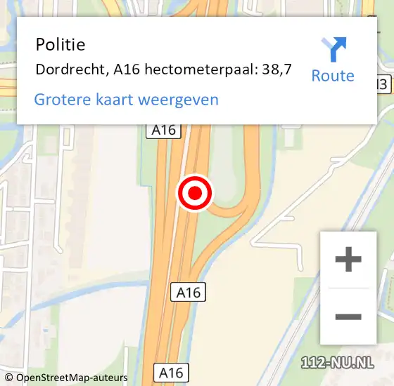 Locatie op kaart van de 112 melding: Politie Dordrecht, A16 hectometerpaal: 38,7 op 17 oktober 2021 22:16
