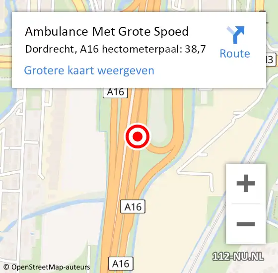 Locatie op kaart van de 112 melding: Ambulance Met Grote Spoed Naar Dordrecht, A16 hectometerpaal: 38,7 op 17 oktober 2021 22:16
