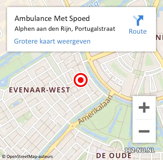 Locatie op kaart van de 112 melding: Ambulance Met Spoed Naar Alphen aan den Rijn, Portugalstraat op 17 oktober 2021 22:31