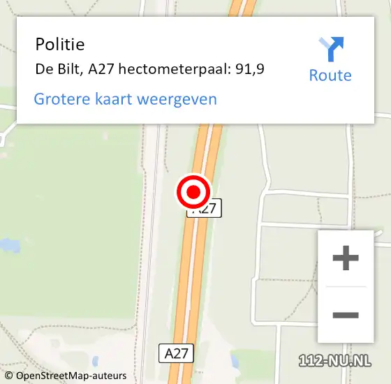 Locatie op kaart van de 112 melding: Politie De Bilt, A27 hectometerpaal: 91,9 op 18 oktober 2021 00:17