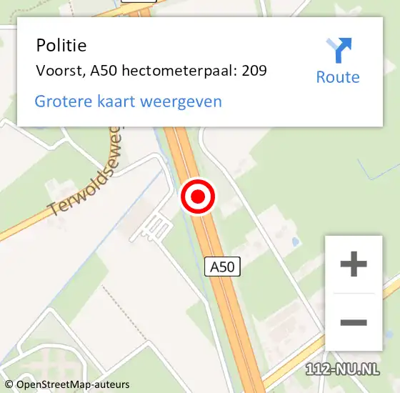 Locatie op kaart van de 112 melding: Politie Voorst, A50 hectometerpaal: 209 op 18 oktober 2021 00:21