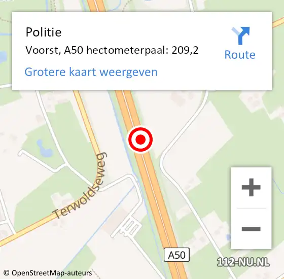 Locatie op kaart van de 112 melding: Politie Voorst, A50 hectometerpaal: 209,2 op 18 oktober 2021 00:22