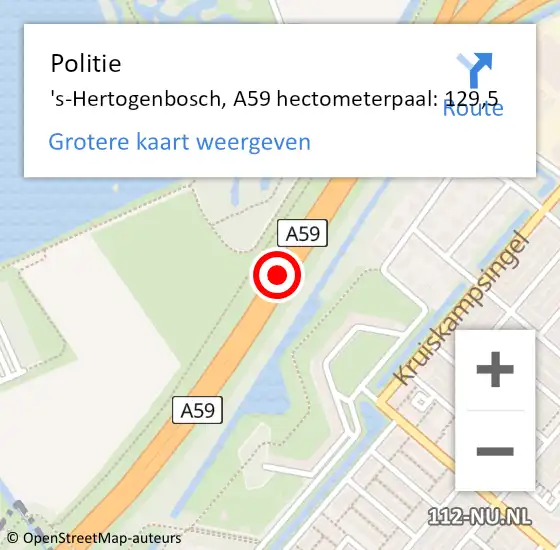 Locatie op kaart van de 112 melding: Politie 's-Hertogenbosch, A59 hectometerpaal: 129,5 op 18 oktober 2021 07:52