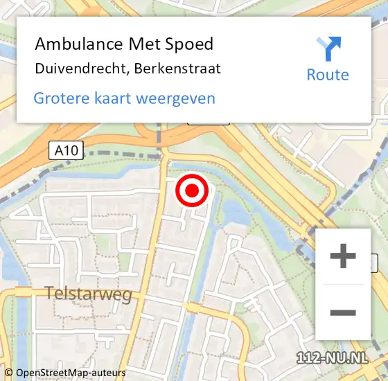 Locatie op kaart van de 112 melding: Ambulance Met Spoed Naar Duivendrecht, Berkenstraat op 18 oktober 2021 13:46