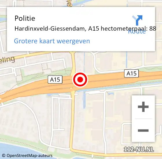 Locatie op kaart van de 112 melding: Politie Hardinxveld-Giessendam, A15 hectometerpaal: 88 op 18 oktober 2021 13:56