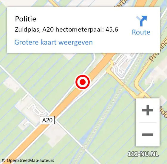 Locatie op kaart van de 112 melding: Politie Zuidplas, A20 hectometerpaal: 45,6 op 18 oktober 2021 17:39