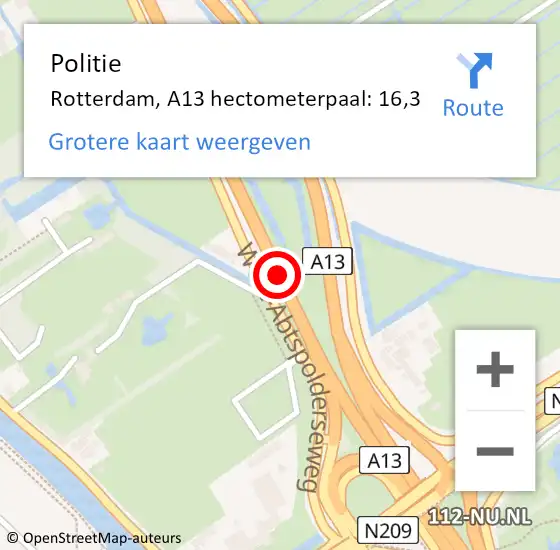 Locatie op kaart van de 112 melding: Politie Rotterdam, A13 hectometerpaal: 16,3 op 18 oktober 2021 21:46