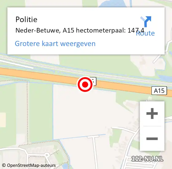 Locatie op kaart van de 112 melding: Politie Neder-Betuwe, A15 hectometerpaal: 147,4 op 18 oktober 2021 21:52