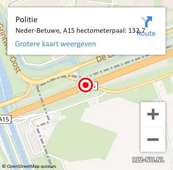 Locatie op kaart van de 112 melding: Politie Neder-Betuwe, A15 hectometerpaal: 132,7 op 18 oktober 2021 22:28