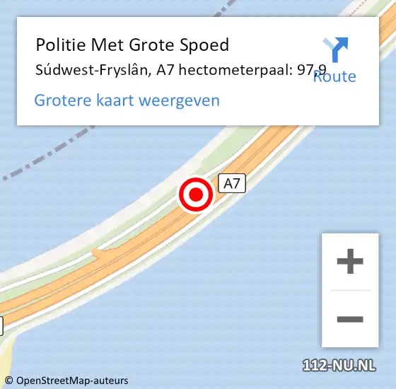 Locatie op kaart van de 112 melding: Politie Met Grote Spoed Naar Súdwest-Fryslân, A7 hectometerpaal: 97,9 op 19 oktober 2021 06:06