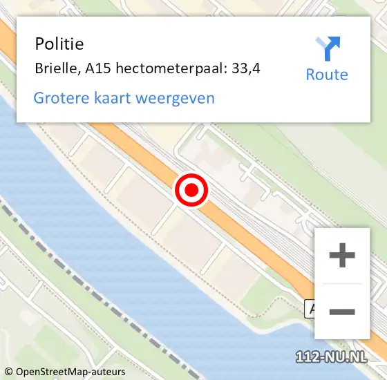 Locatie op kaart van de 112 melding: Politie Brielle, A15 hectometerpaal: 33,4 op 19 oktober 2021 06:37