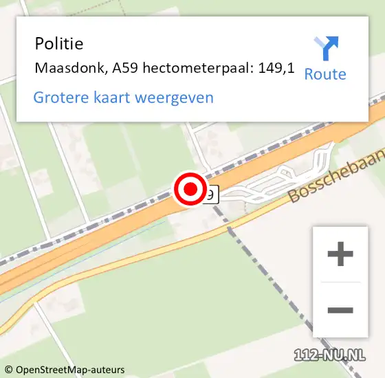 Locatie op kaart van de 112 melding: Politie Maasdonk, A59 hectometerpaal: 149,1 op 19 oktober 2021 06:52