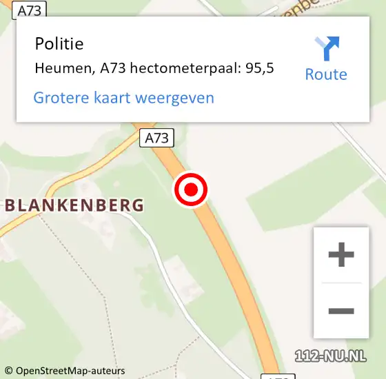 Locatie op kaart van de 112 melding: Politie Heumen, A73 hectometerpaal: 95,5 op 19 oktober 2021 07:17