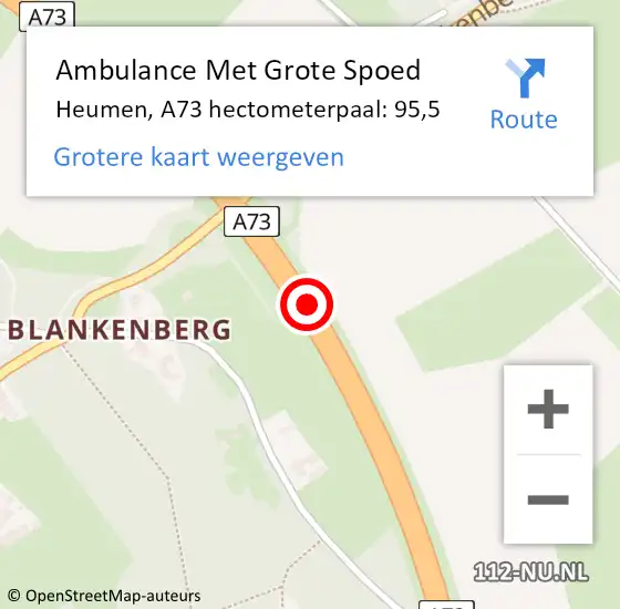 Locatie op kaart van de 112 melding: Ambulance Met Grote Spoed Naar Heumen, A73 hectometerpaal: 95,5 op 19 oktober 2021 07:18