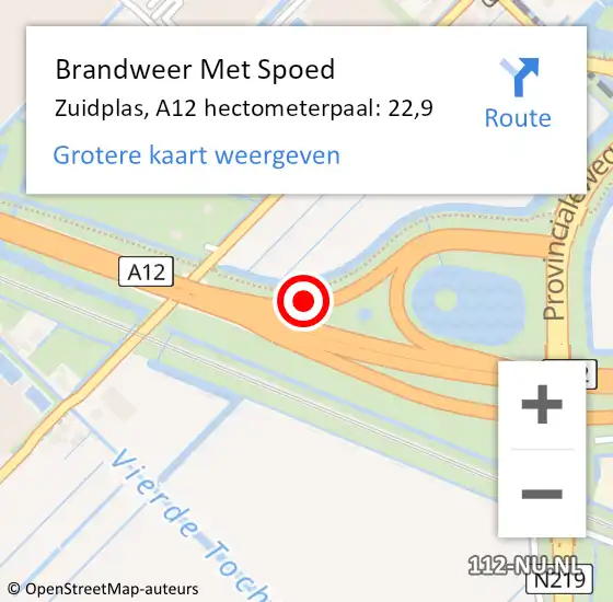 Locatie op kaart van de 112 melding: Brandweer Met Spoed Naar Zuidplas, A12 hectometerpaal: 22,9 op 19 oktober 2021 07:46