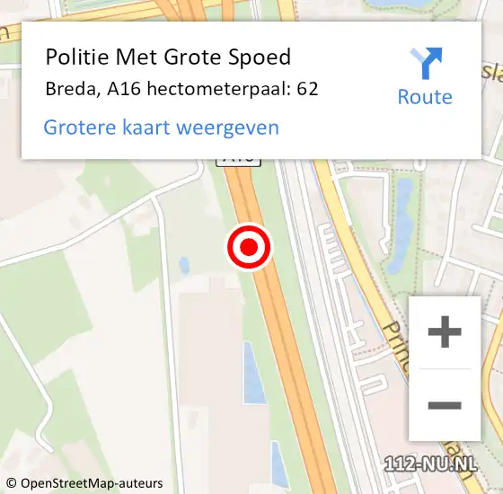 Locatie op kaart van de 112 melding: Politie Met Grote Spoed Naar Breda, A16 hectometerpaal: 62 op 19 oktober 2021 08:13