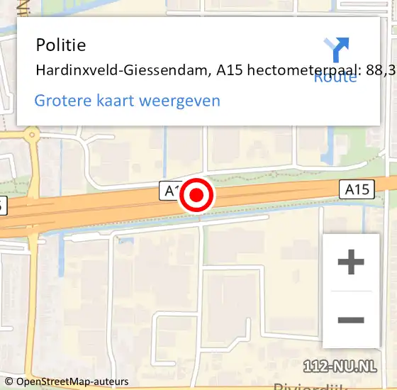 Locatie op kaart van de 112 melding: Politie Hardinxveld-Giessendam, A15 hectometerpaal: 88,3 op 19 oktober 2021 08:50