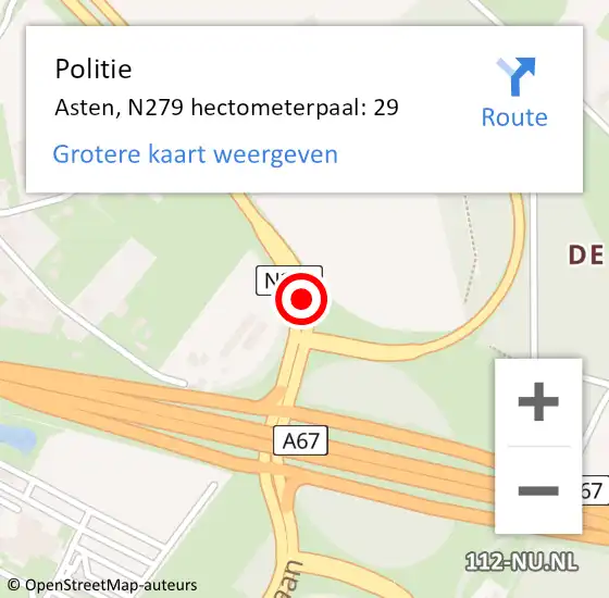 Locatie op kaart van de 112 melding: Politie Asten, N279 hectometerpaal: 29 op 19 oktober 2021 08:54