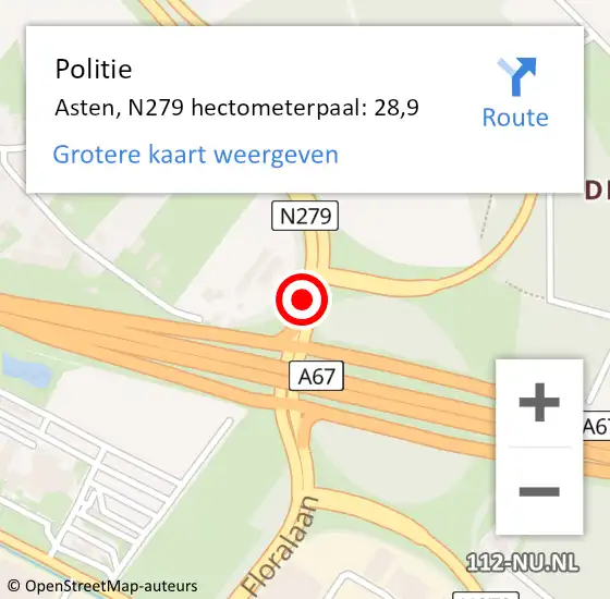 Locatie op kaart van de 112 melding: Politie Asten, N279 hectometerpaal: 28,9 op 19 oktober 2021 08:57