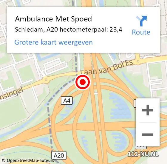 Locatie op kaart van de 112 melding: Ambulance Met Spoed Naar Schiedam, A20 hectometerpaal: 23,4 op 19 oktober 2021 09:18