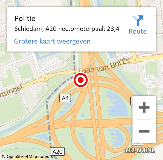 Locatie op kaart van de 112 melding: Politie Schiedam, A20 hectometerpaal: 23,4 op 19 oktober 2021 09:19