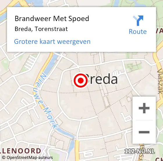 Locatie op kaart van de 112 melding: Brandweer Met Spoed Naar Breda, Torenstraat op 19 oktober 2021 09:52