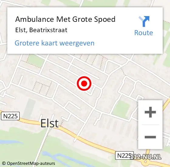 Locatie op kaart van de 112 melding: Ambulance Met Grote Spoed Naar Elst, Beatrixstraat op 19 oktober 2021 11:58