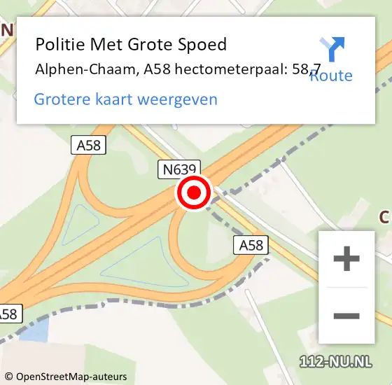 Locatie op kaart van de 112 melding: Politie Met Grote Spoed Naar Alphen-Chaam, A58 hectometerpaal: 58,7 op 19 oktober 2021 12:15