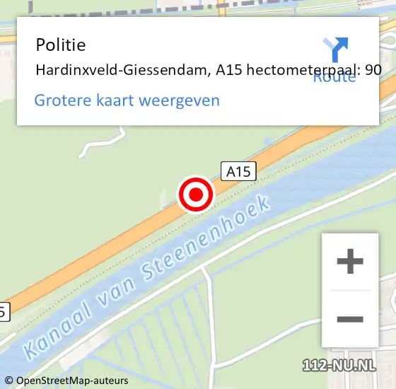 Locatie op kaart van de 112 melding: Politie Hardinxveld-Giessendam, A15 hectometerpaal: 90 op 19 oktober 2021 12:30