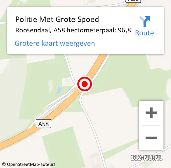 Locatie op kaart van de 112 melding: Politie Met Grote Spoed Naar Roosendaal, A58 hectometerpaal: 96,8 op 19 oktober 2021 12:34