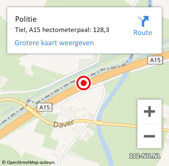 Locatie op kaart van de 112 melding: Politie Tiel, A15 hectometerpaal: 128,3 op 19 oktober 2021 17:46