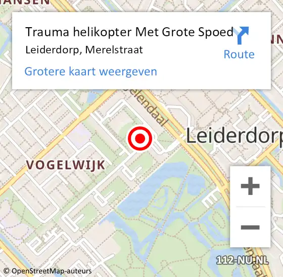 Locatie op kaart van de 112 melding: Trauma helikopter Met Grote Spoed Naar Leiderdorp, Merelstraat op 19 oktober 2021 18:59