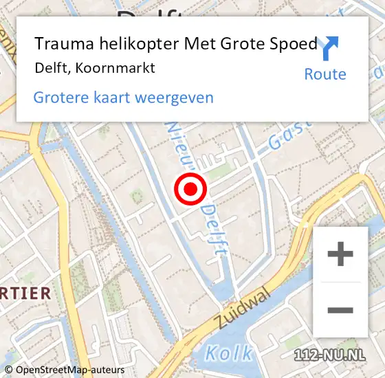 Locatie op kaart van de 112 melding: Trauma helikopter Met Grote Spoed Naar Delft, Koornmarkt op 19 oktober 2021 19:54