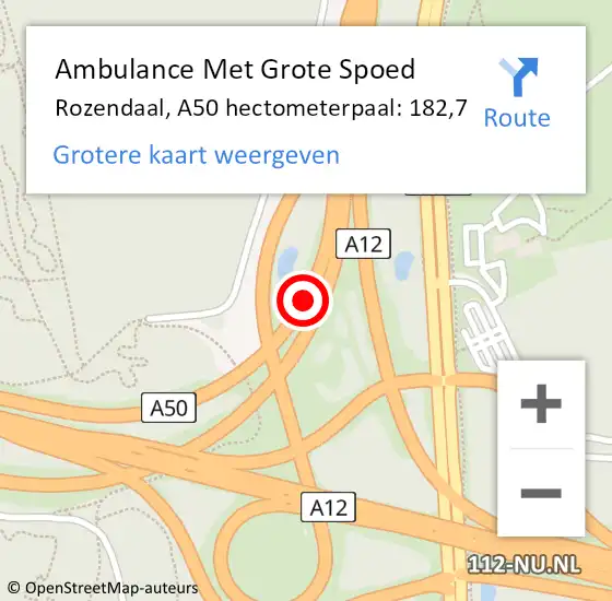 Locatie op kaart van de 112 melding: Ambulance Met Grote Spoed Naar Rozendaal, A50 hectometerpaal: 182,7 op 19 oktober 2021 19:55