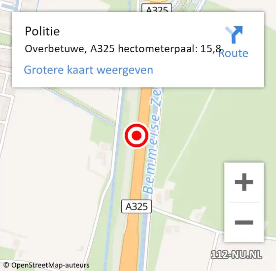 Locatie op kaart van de 112 melding: Politie Overbetuwe, A325 hectometerpaal: 15,8 op 19 oktober 2021 21:28