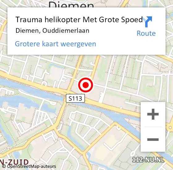 Locatie op kaart van de 112 melding: Trauma helikopter Met Grote Spoed Naar Diemen, Ouddiemerlaan op 19 oktober 2021 21:35