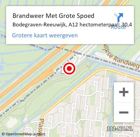 Locatie op kaart van de 112 melding: Brandweer Met Grote Spoed Naar Bodegraven-Reeuwijk, A12 hectometerpaal: 30,4 op 19 oktober 2021 23:51