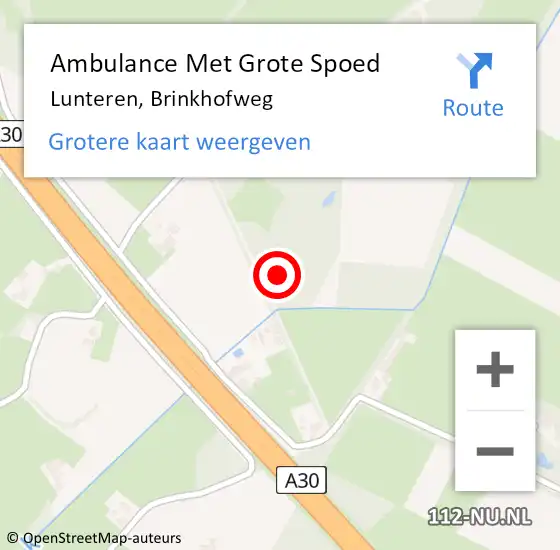 Locatie op kaart van de 112 melding: Ambulance Met Grote Spoed Naar Lunteren, Brinkhofweg op 20 oktober 2021 01:58