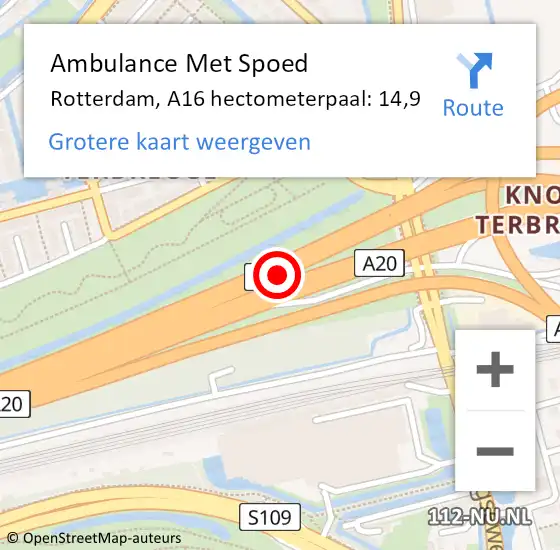 Locatie op kaart van de 112 melding: Ambulance Met Spoed Naar Rotterdam, A16 hectometerpaal: 14,9 op 20 oktober 2021 07:29