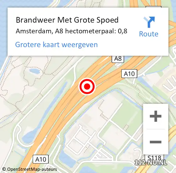 Locatie op kaart van de 112 melding: Brandweer Met Grote Spoed Naar Amsterdam, A8 hectometerpaal: 0,8 op 20 oktober 2021 07:42