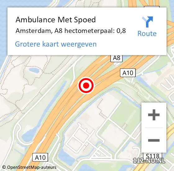 Locatie op kaart van de 112 melding: Ambulance Met Spoed Naar Amsterdam, A8 hectometerpaal: 0,8 op 20 oktober 2021 07:44