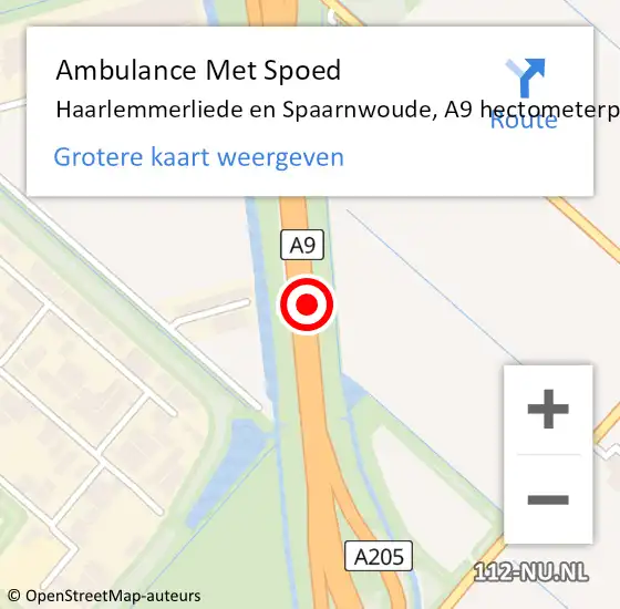 Locatie op kaart van de 112 melding: Ambulance Met Spoed Naar Haarlemmerliede en Spaarnwoude, A9 hectometerpaal: 42,1 op 20 oktober 2021 10:43