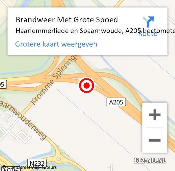 Locatie op kaart van de 112 melding: Brandweer Met Grote Spoed Naar Haarlemmerliede en Spaarnwoude, A205 hectometerpaal: 3,8 op 20 oktober 2021 11:14