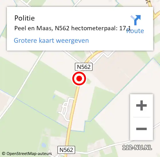 Locatie op kaart van de 112 melding: Politie Peel en Maas, N562 hectometerpaal: 17,1 op 20 oktober 2021 11:28