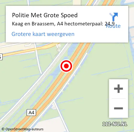 Locatie op kaart van de 112 melding: Politie Met Grote Spoed Naar Kaag en Braassem, A4 hectometerpaal: 24,9 op 20 oktober 2021 16:14