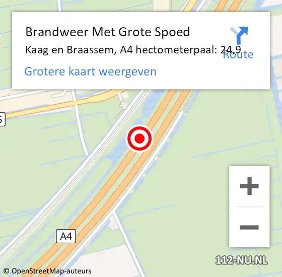 Locatie op kaart van de 112 melding: Brandweer Met Grote Spoed Naar Kaag en Braassem, A4 hectometerpaal: 24,9 op 20 oktober 2021 16:15