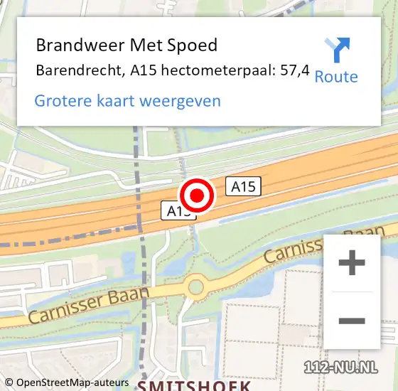 Locatie op kaart van de 112 melding: Brandweer Met Spoed Naar Barendrecht, A15 hectometerpaal: 57,4 op 20 oktober 2021 16:18