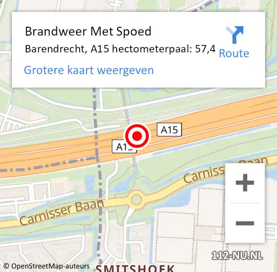 Locatie op kaart van de 112 melding: Brandweer Met Spoed Naar Barendrecht, A15 hectometerpaal: 57,4 op 20 oktober 2021 16:20