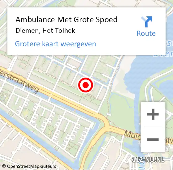 Locatie op kaart van de 112 melding: Ambulance Met Grote Spoed Naar Diemen, Het Tolhek op 20 oktober 2021 16:28