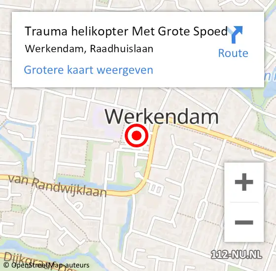 Locatie op kaart van de 112 melding: Trauma helikopter Met Grote Spoed Naar Werkendam, Raadhuislaan op 20 oktober 2021 20:14